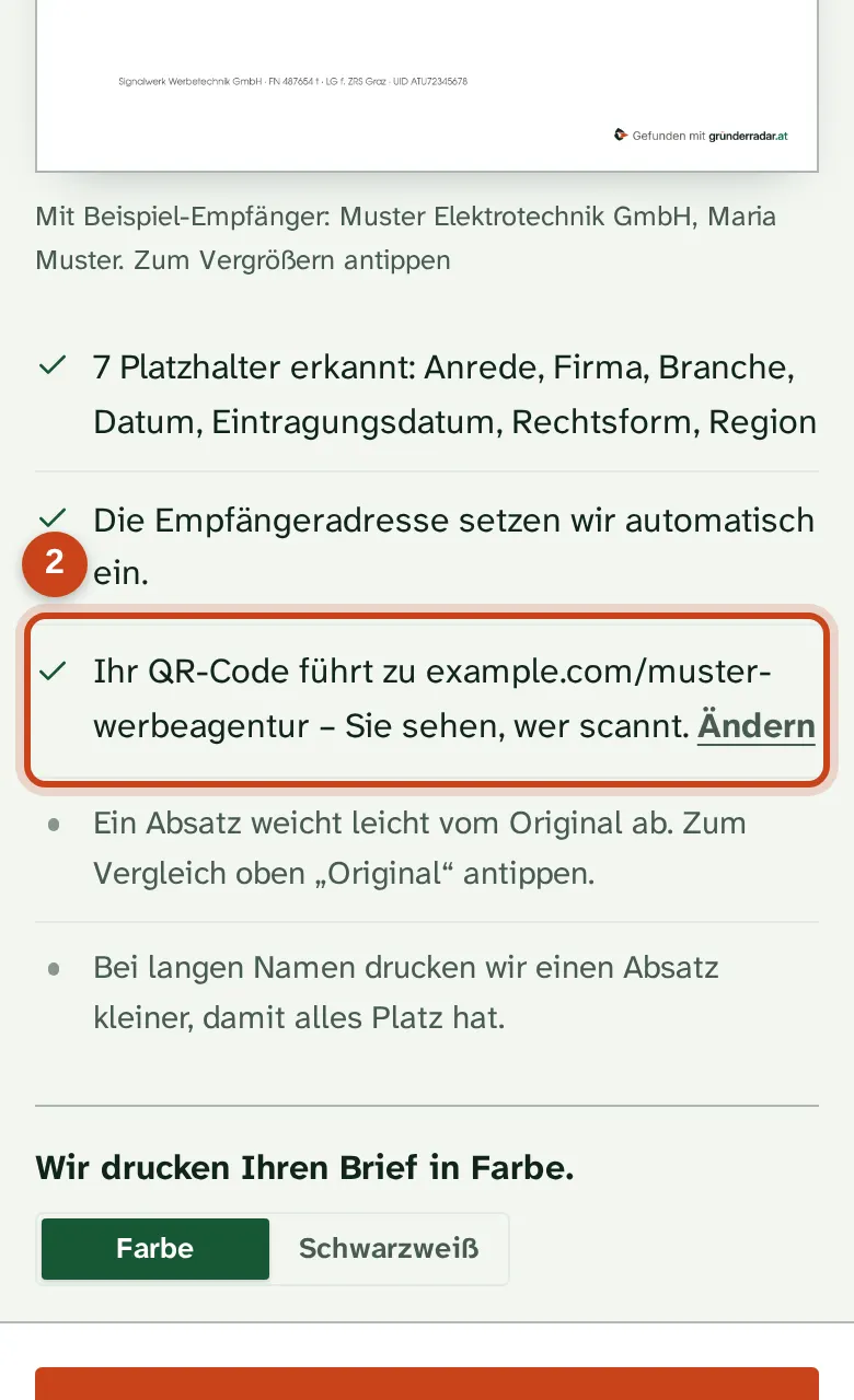 Die Webadresse des QR-Codes im Prüfschritt