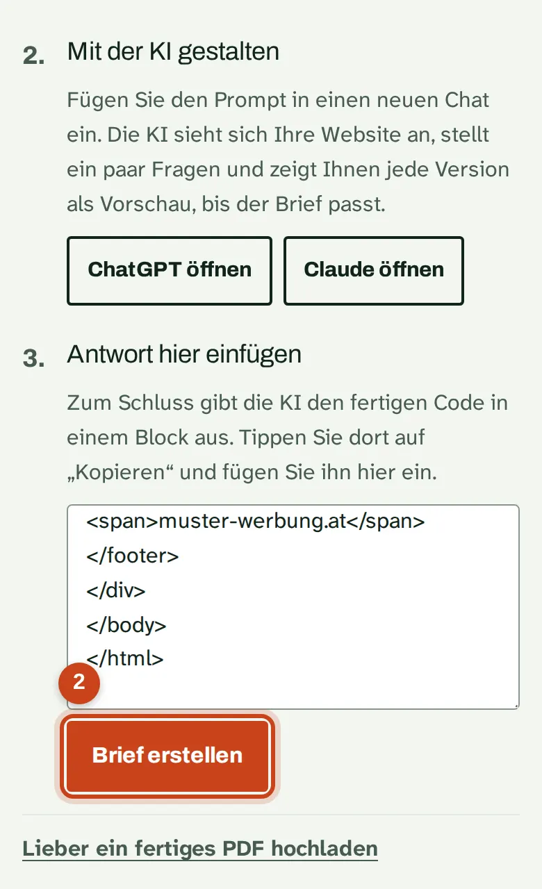 Der eingefügte Code mit dem Knopf Brief erstellen