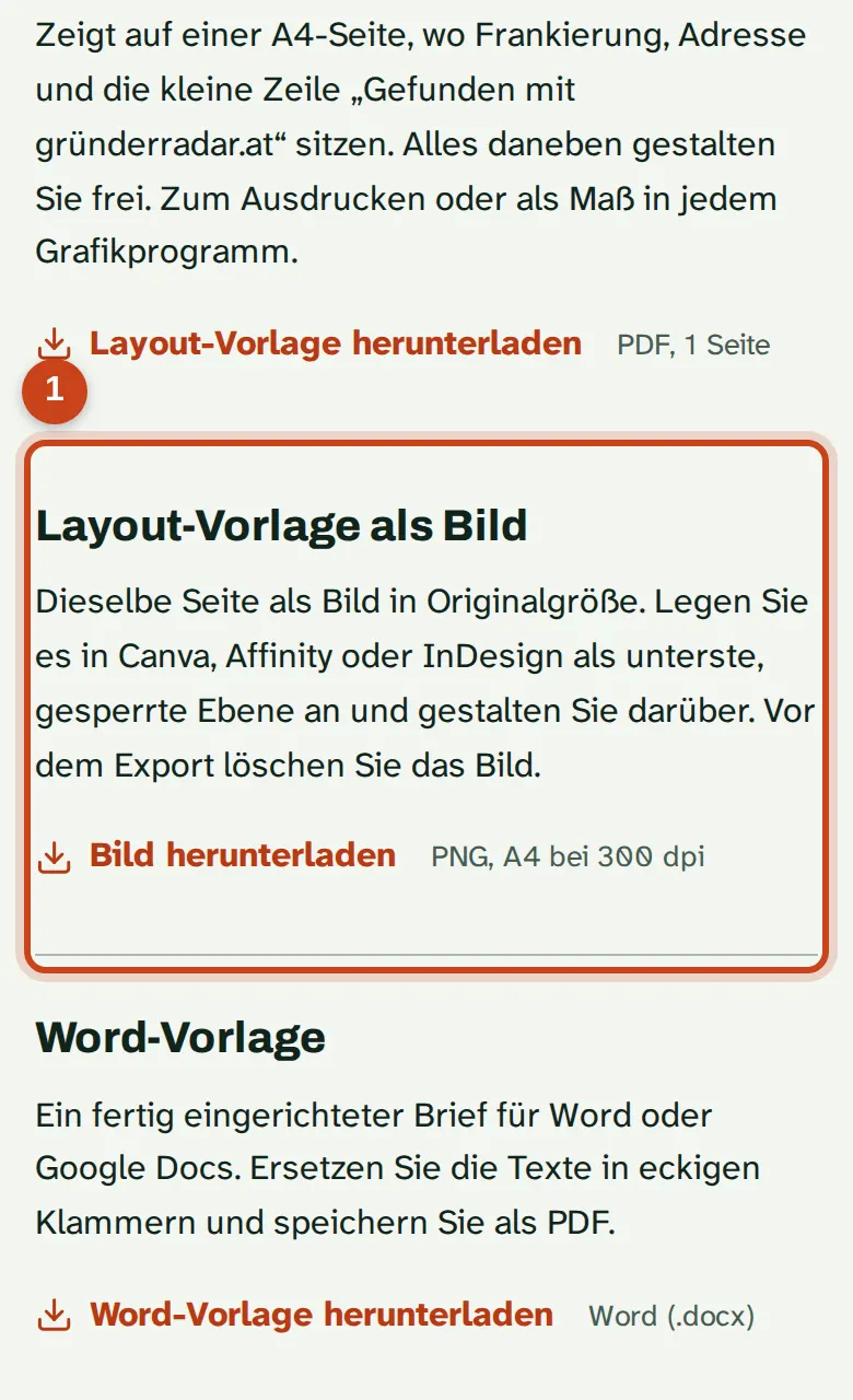 Die Layout-Vorlage als Bild auf der Seite Vorlagen
