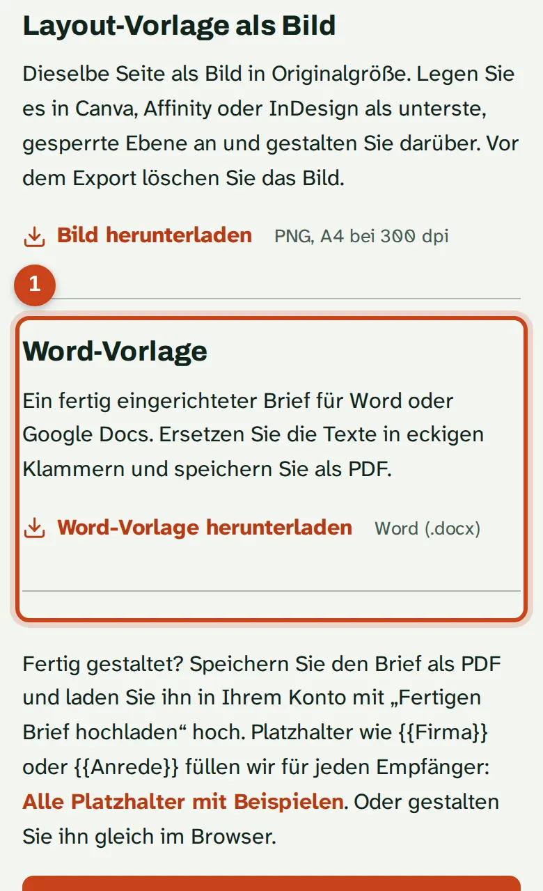 Die Word-Vorlage auf der Seite Vorlagen