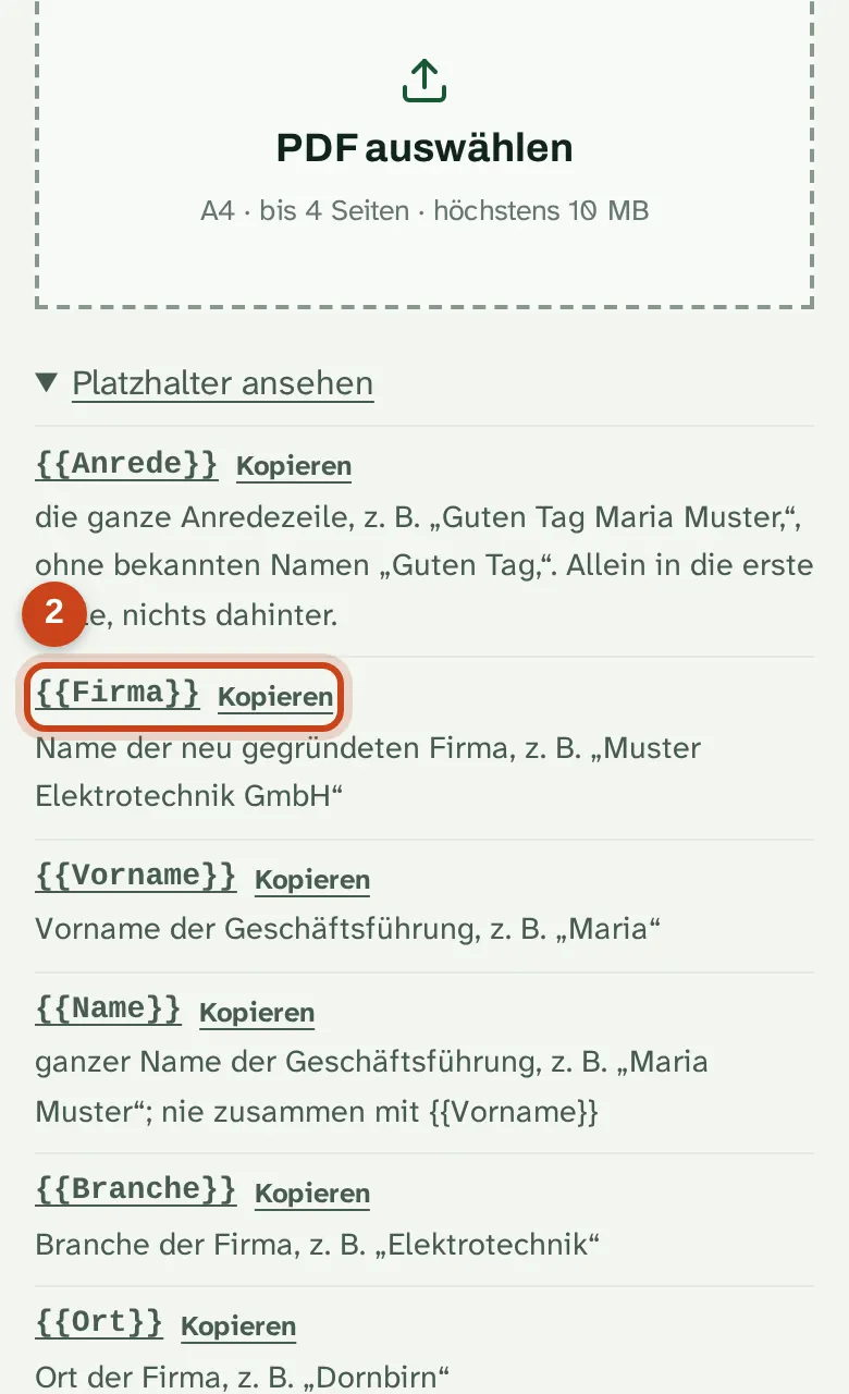 Platzhalter ansehen mit Erklärung, Beispiel und Kopieraktion