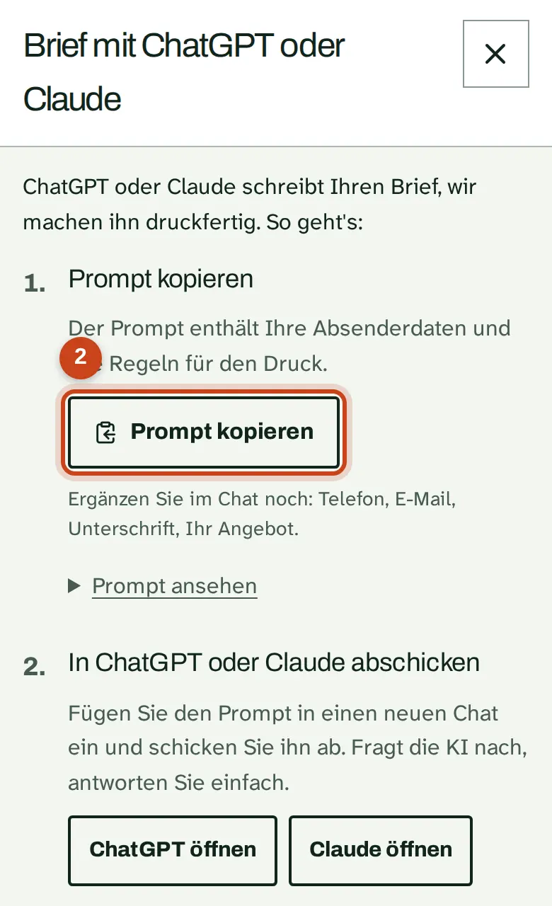 Prompt kopieren im ersten Schritt