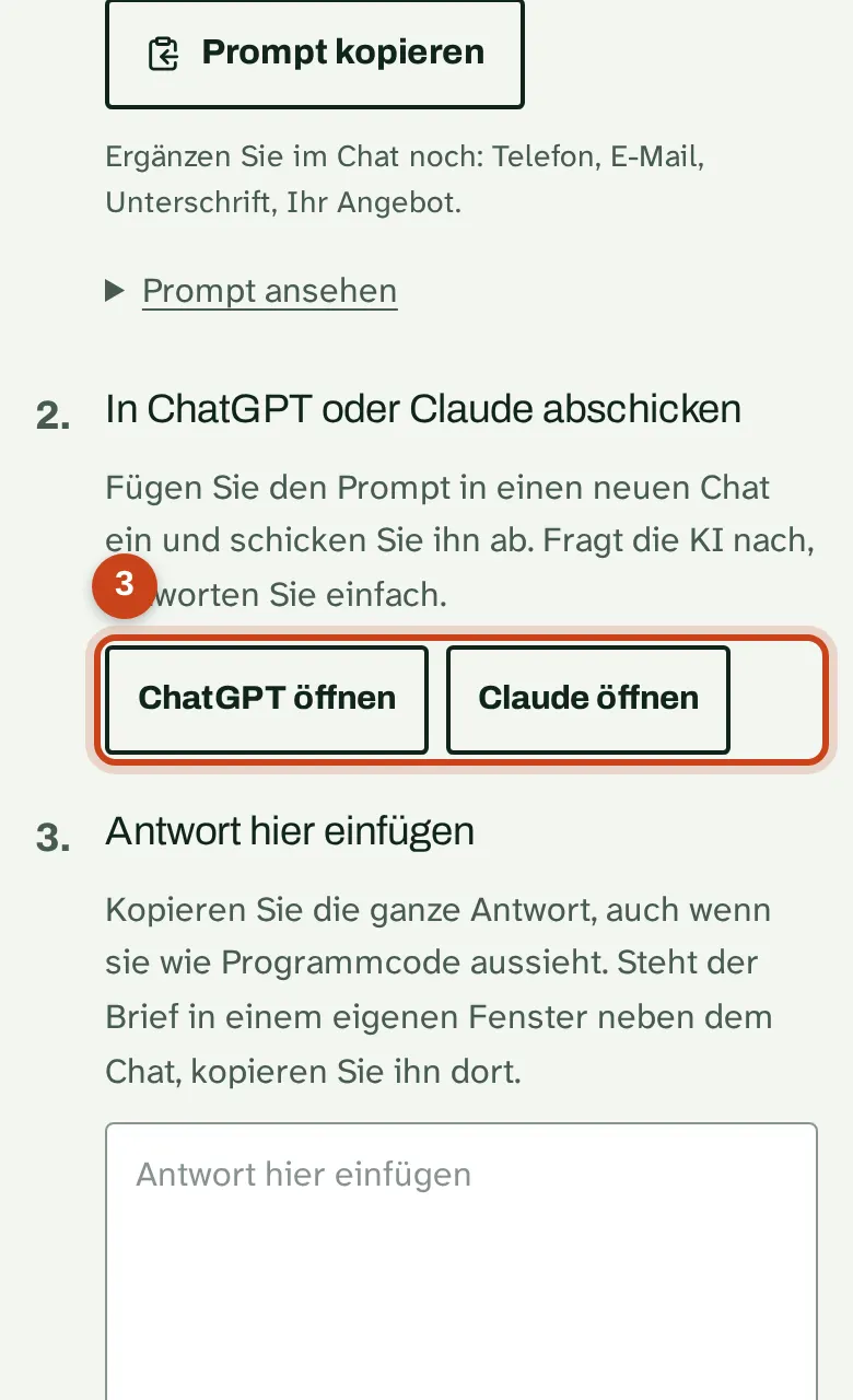 Die Knöpfe ChatGPT öffnen und Claude öffnen
