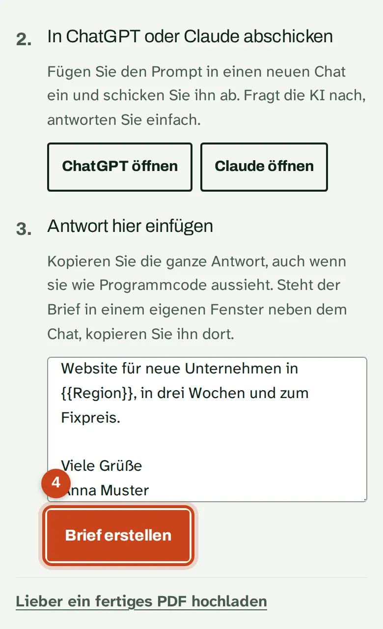 Die eingefügte Antwort mit dem Knopf Brief erstellen