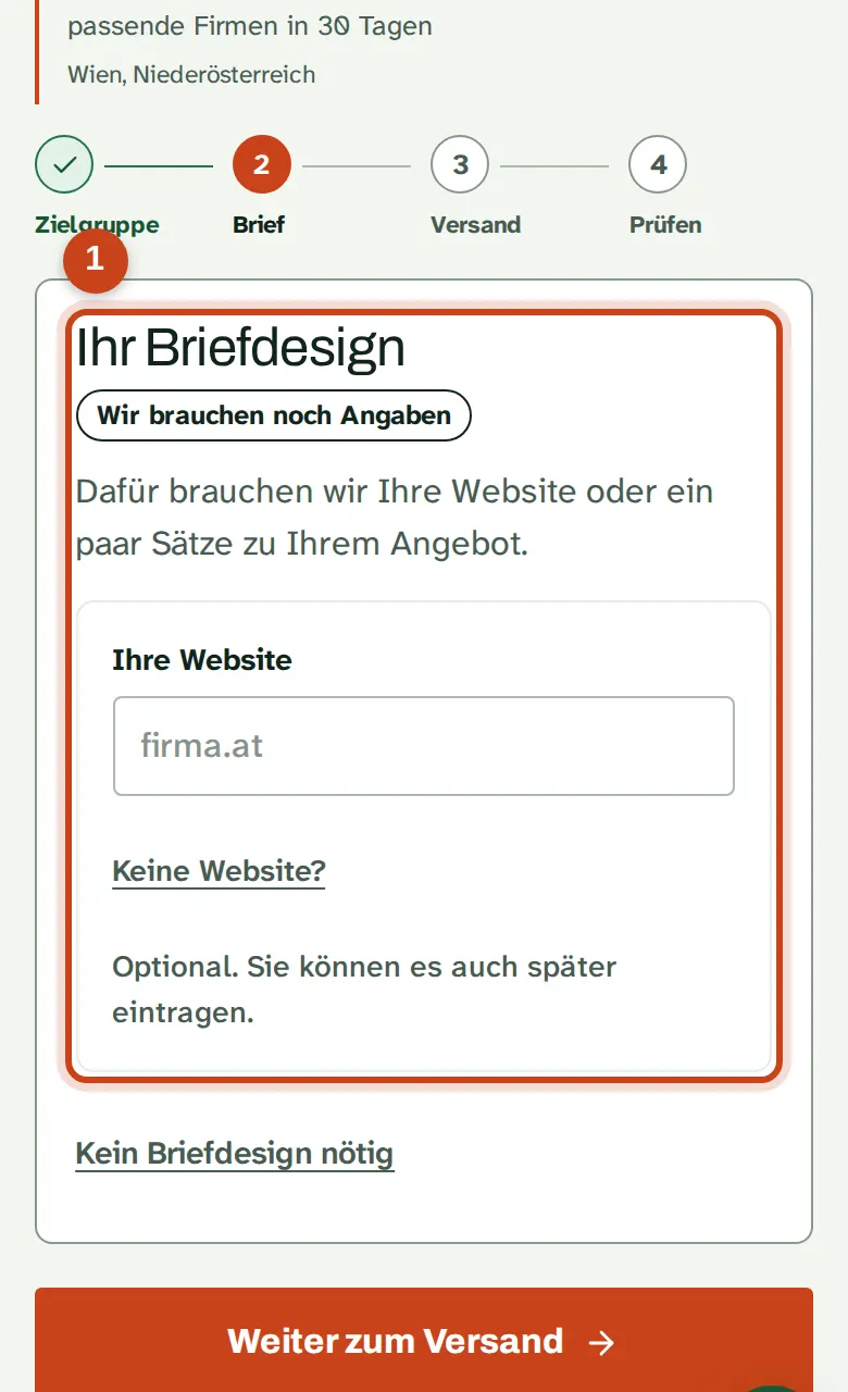 Ihr Briefdesign mit dem Feld für Ihre Website