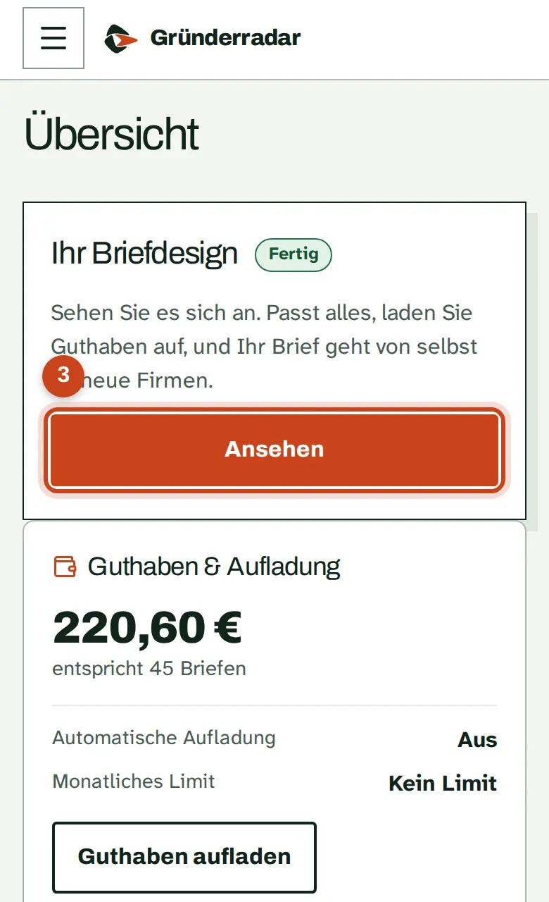 Das fertige Briefdesign mit dem Knopf Ansehen