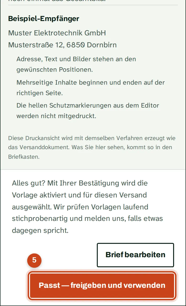 Die Ansicht Ihres Briefs mit dem Knopf zum Bestätigen