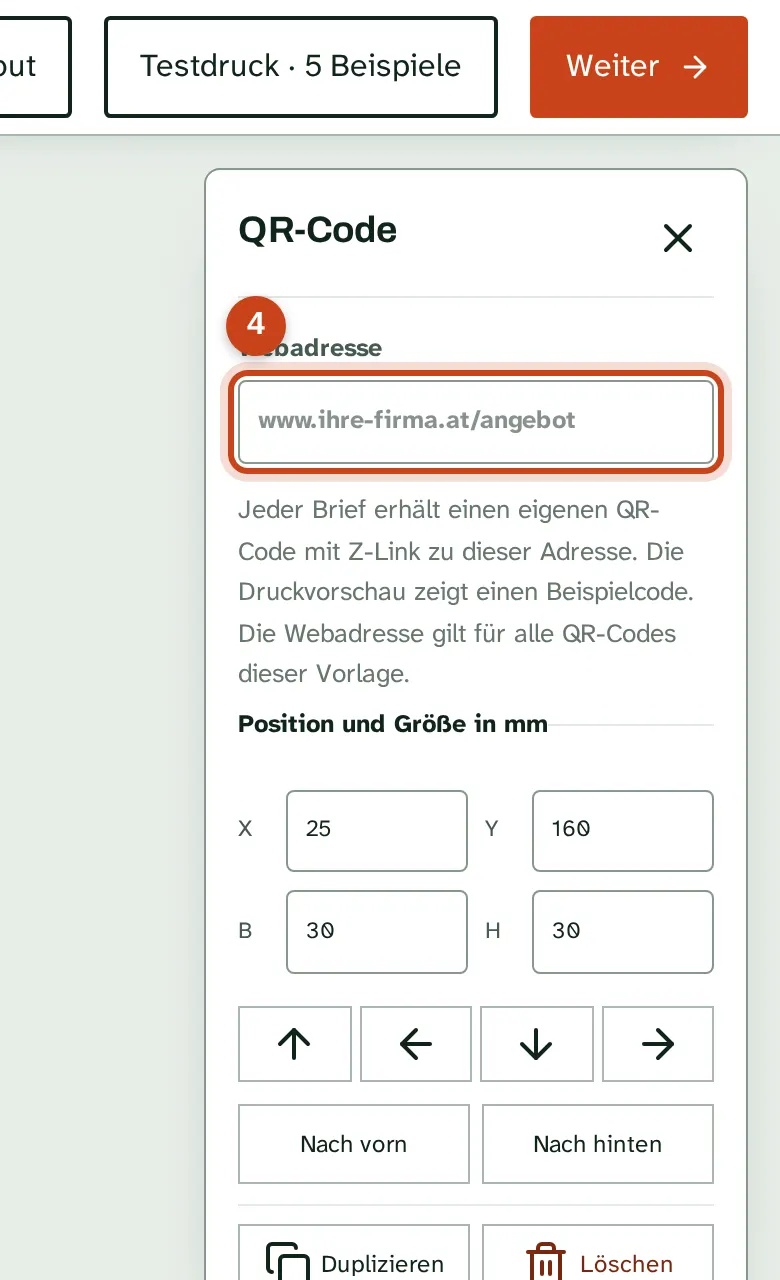 Ein QR-Code im Brief mit dem Feld für die Webadresse