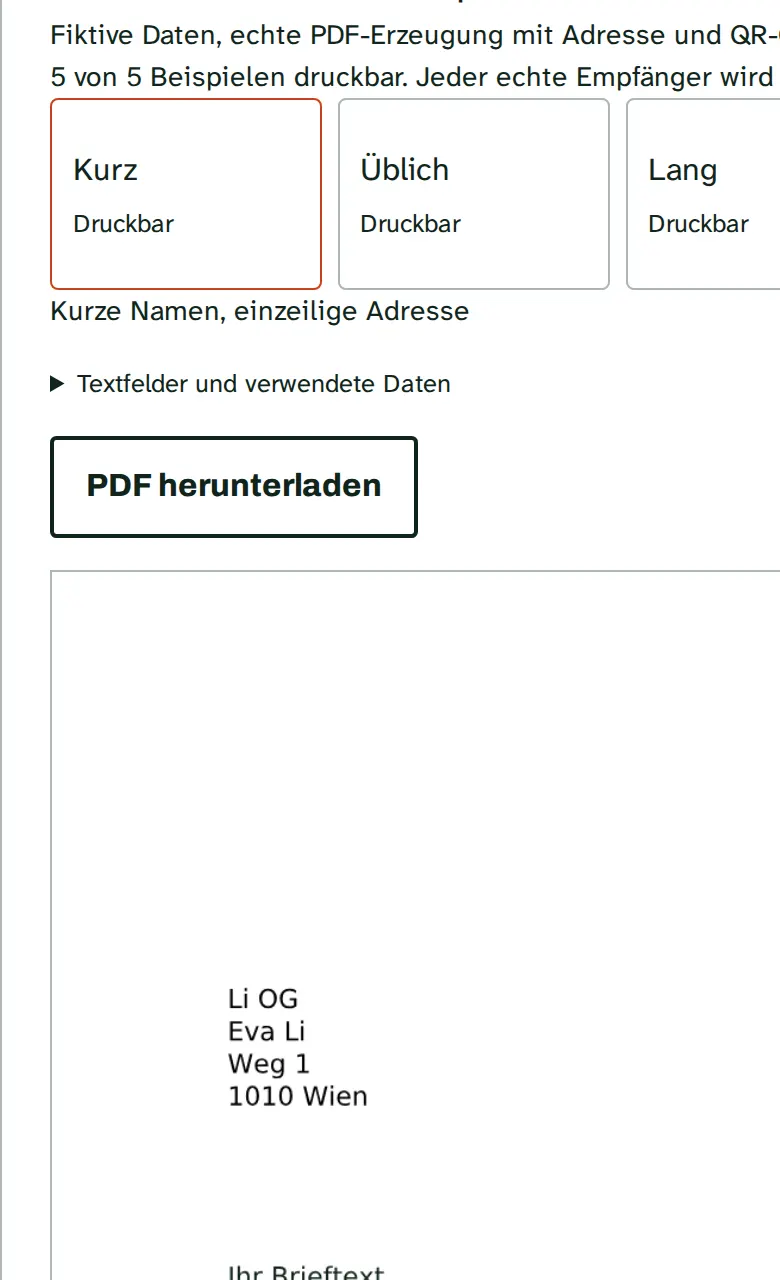 Der Testdruck mit fünf Beispielen