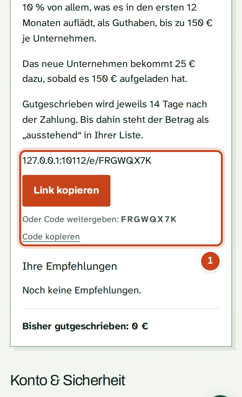 Der Bereich Empfehlen mit Ihrem Link und Ihrem Code
