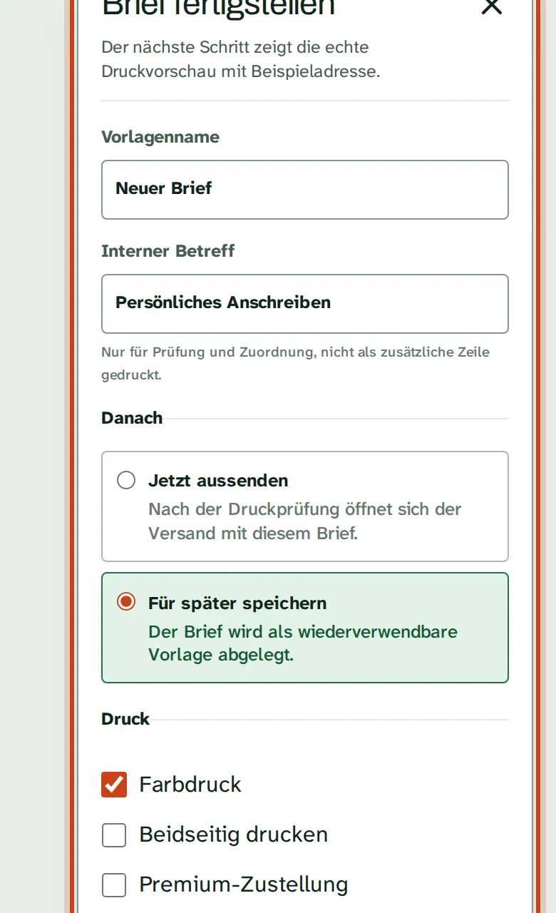 Die Einstellungen beim Fertigstellen des Briefs