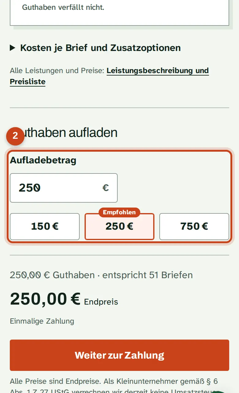 Die Beträge zum Aufladen mit dem Endpreis