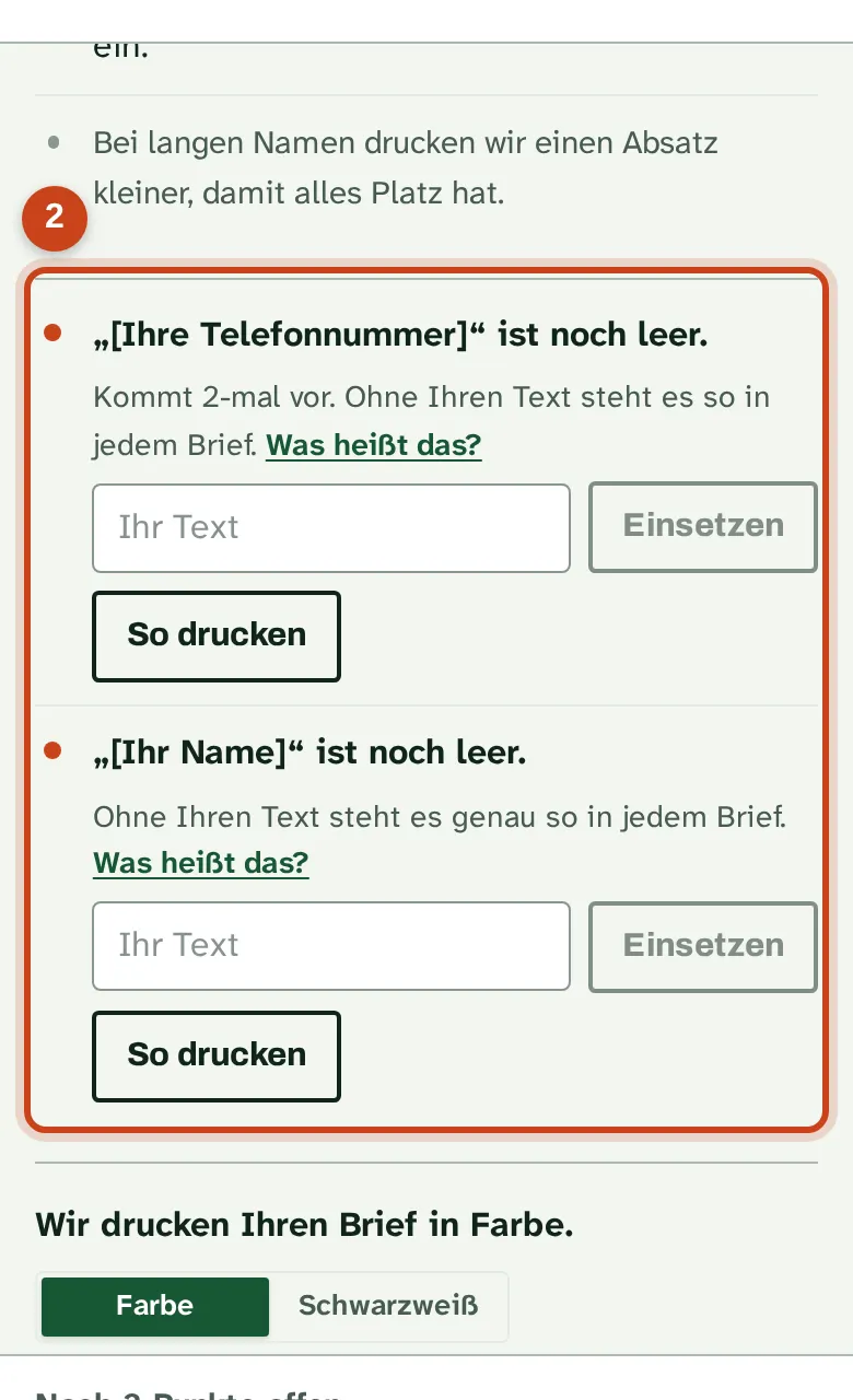 Offene Punkte: noch leere Stellen im Brief
