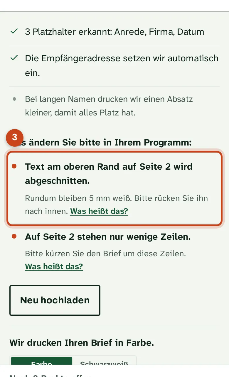 Der Hinweis auf eine Seite mit wenigen Zeilen