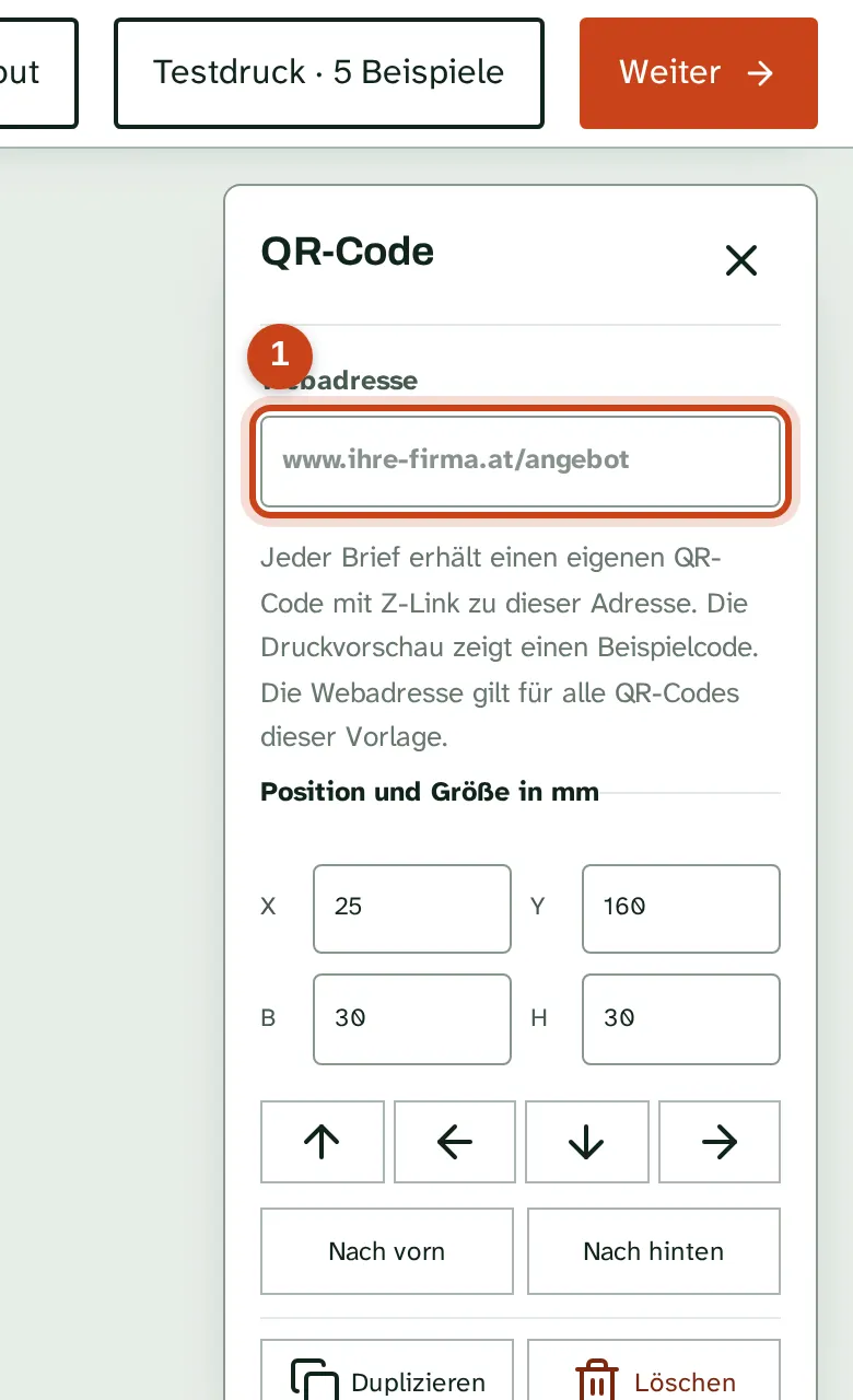 Der QR-Code im Editor mit dem Feld für die Webadresse