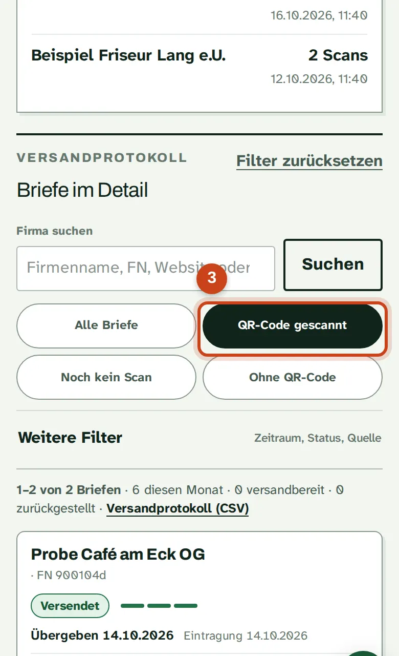 Die Versandliste mit dem Filter QR-Code gescannt