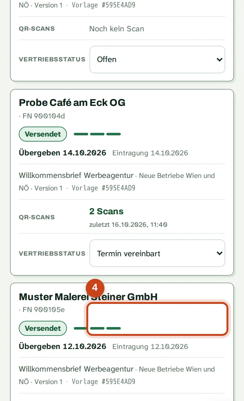 Ein Brief mit dem Vertriebsstatus Termin vereinbart