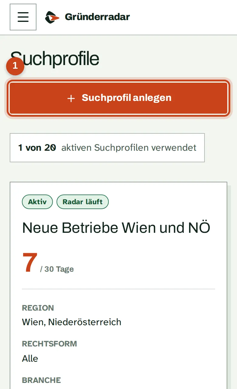 Die Seite Suchprofile mit dem Knopf Suchprofil anlegen
