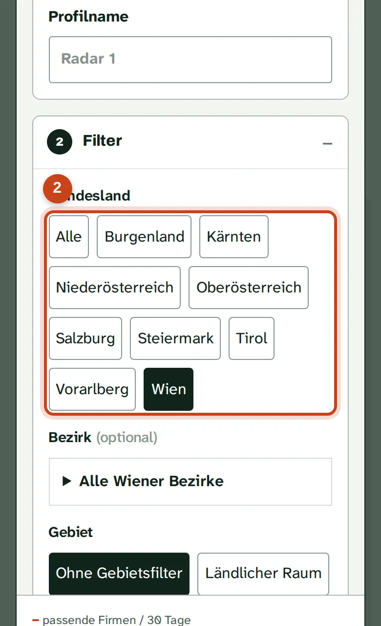 Bundesland und Gebiet im Suchprofil