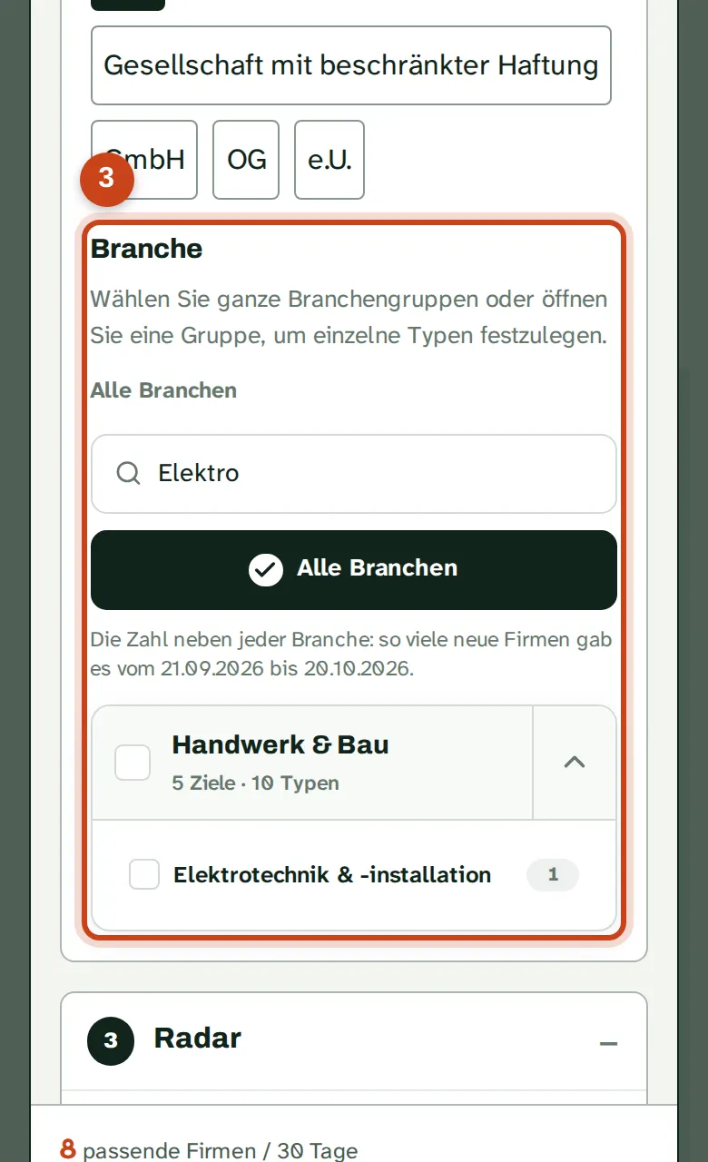 Die Branchenauswahl mit Suchfeld