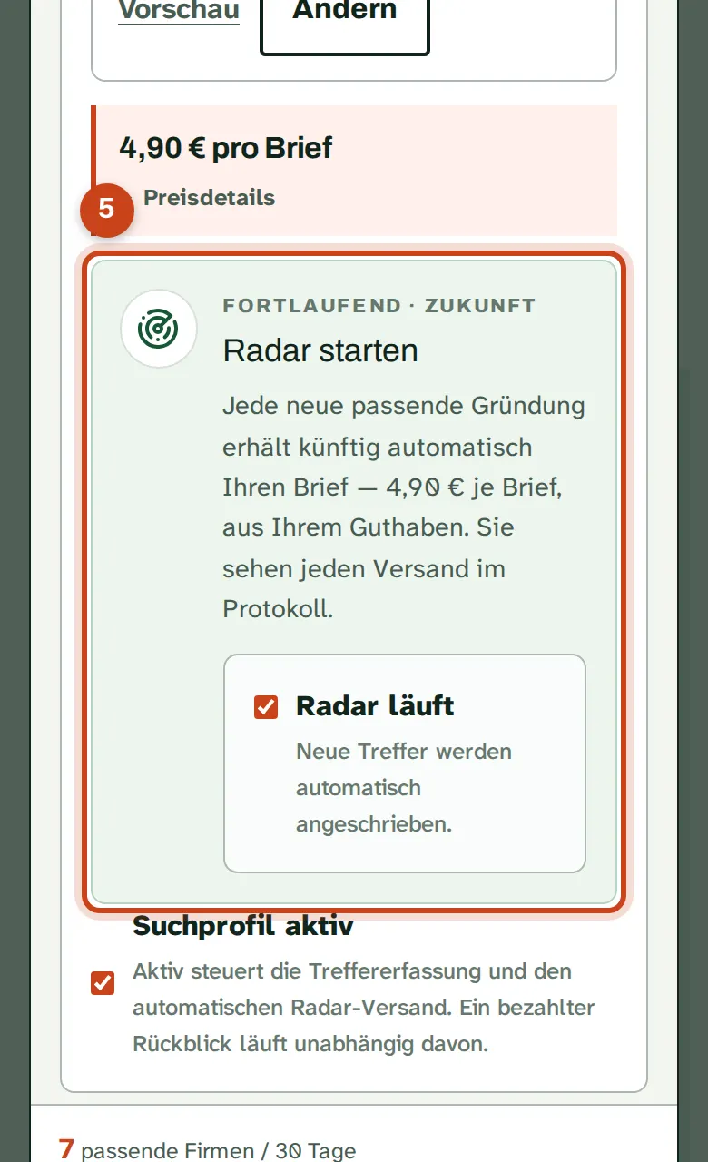 Der letzte Schritt mit Brief und dem Schalter Radar starten