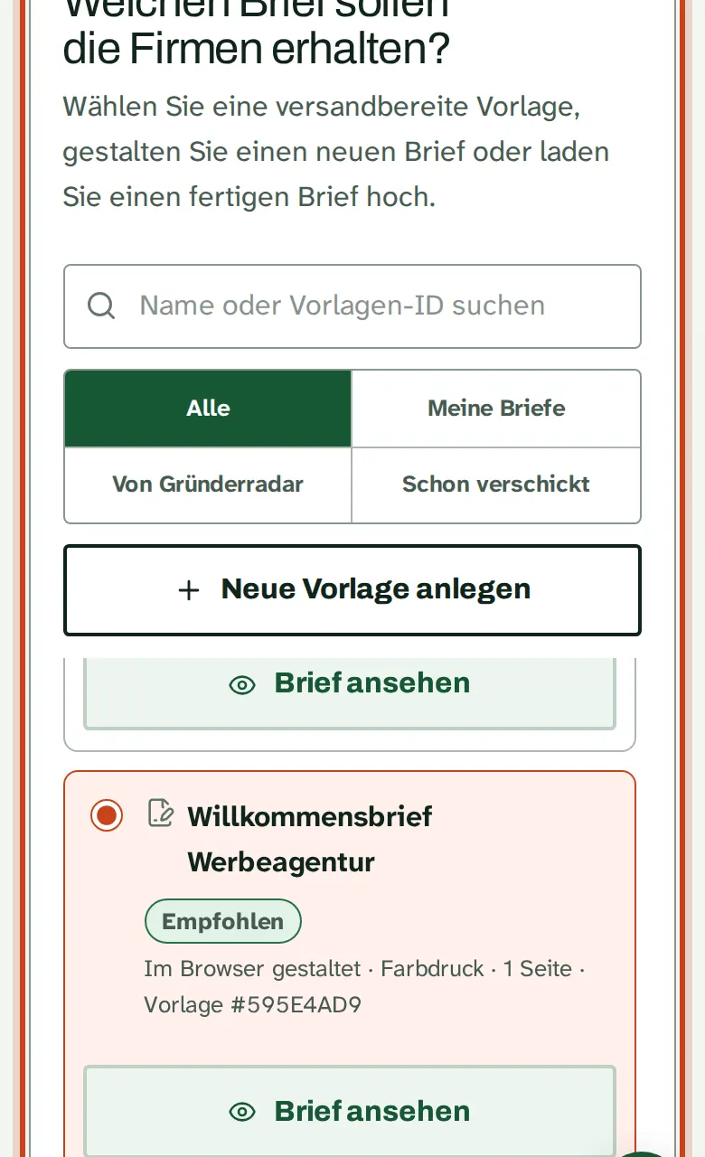Zweiter Schritt beim Aussenden: den Brief wählen