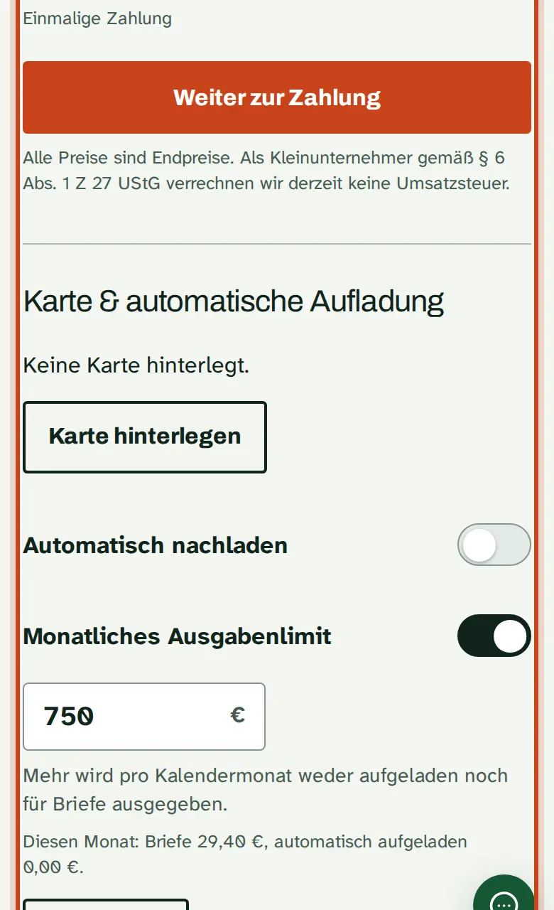 Die Seite Guthaben mit den Beträgen zum Aufladen