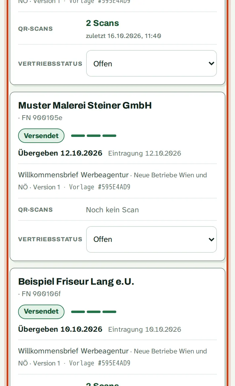 Die Liste der versendeten Briefe