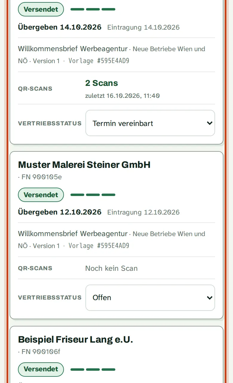 Die Liste unter Versand und QR-Scans