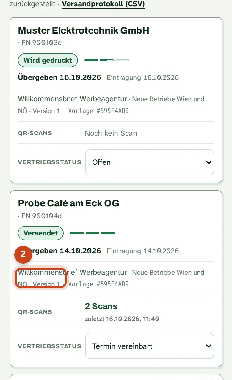Ein Brief mit dem Status Versendet