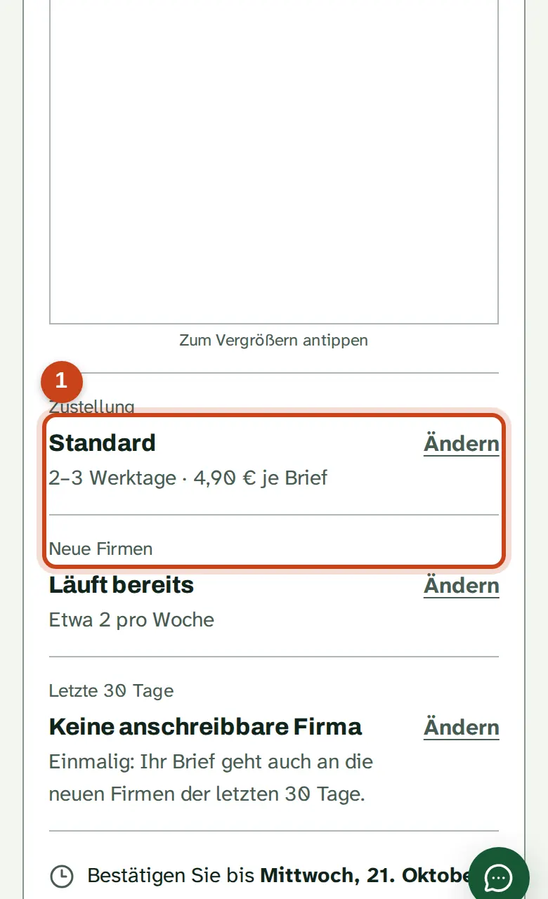 Der Schritt Ist alles richtig mit dem Preis je Brief