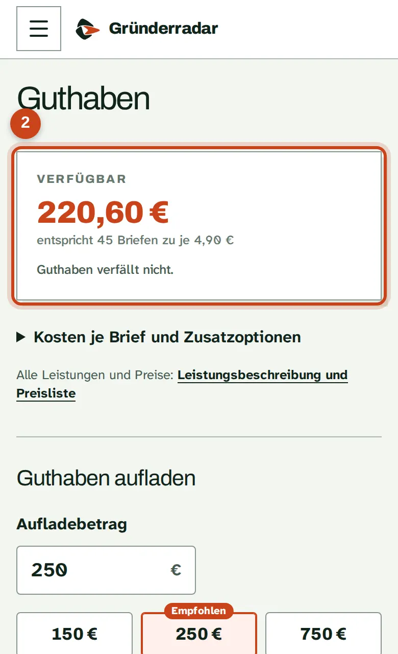 Die Seite Guthaben mit dem aktuellen Stand