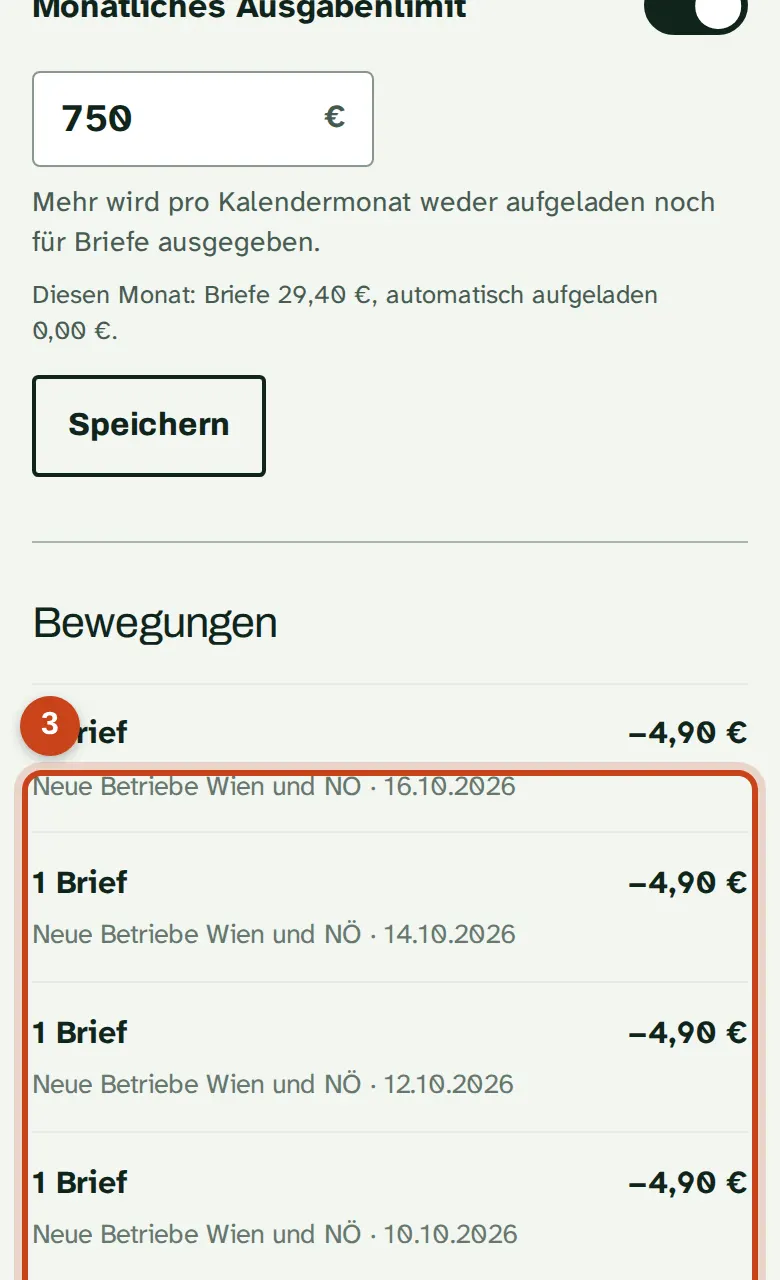 Die Liste der Bewegungen im Guthaben